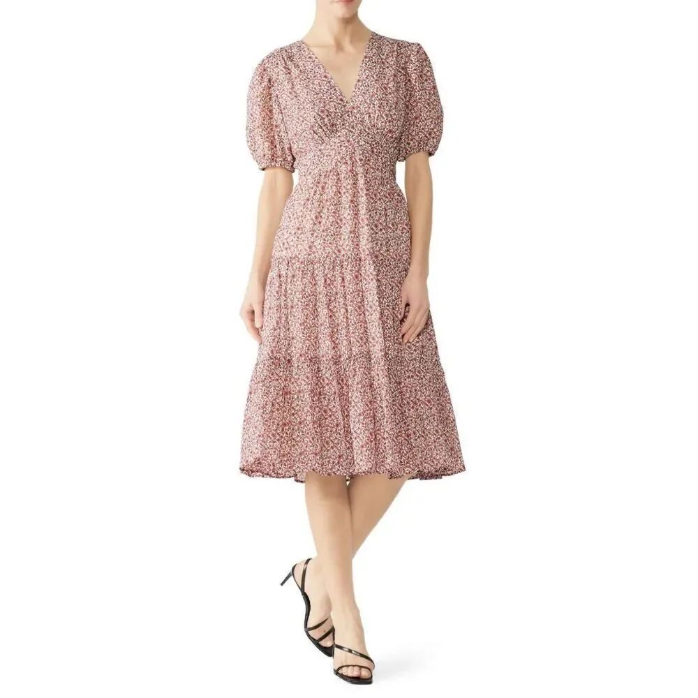 Tory Burch Floral Cotton Silk Tiered Midi Dress Puff Sleeves Preppy Sz 0